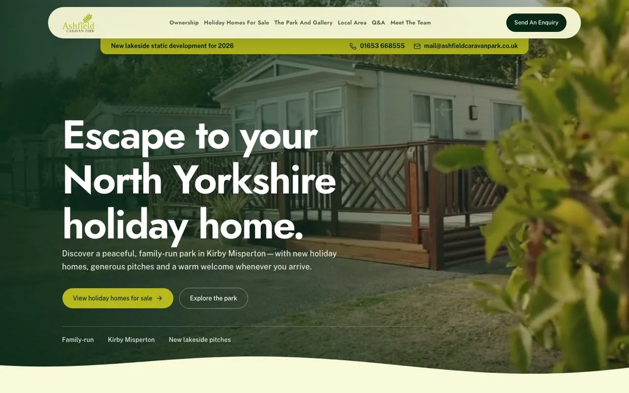 Homepage of the Ashfield Caravan Park website